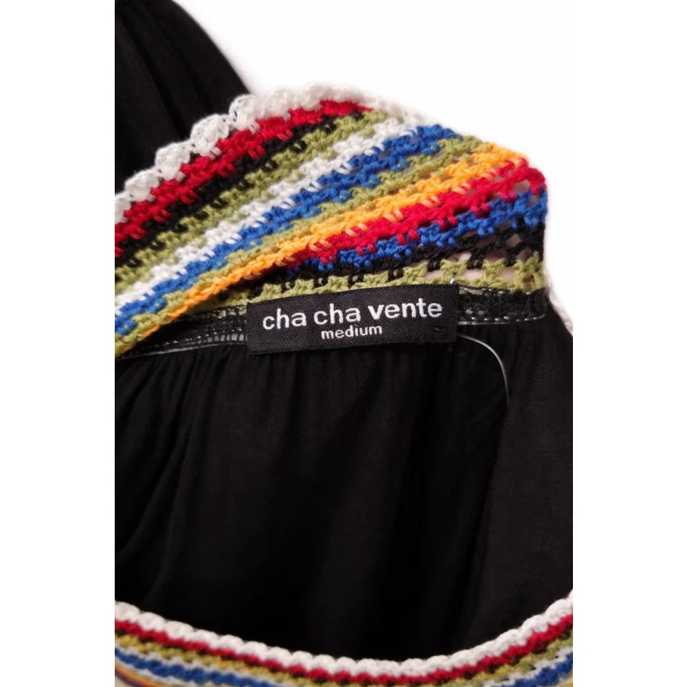 Cha Cha Vente Boho Crochet Off Shoulder Top Black Colorful Trim Medium Festival - Picture 4 of 6